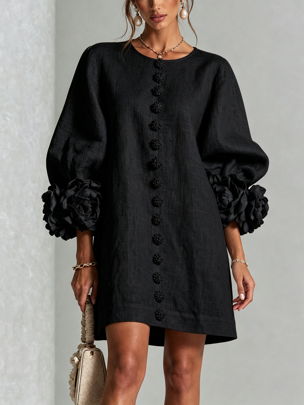 The Elowen | Floral-Cuff Mini Dress, Black — supplier view 1
