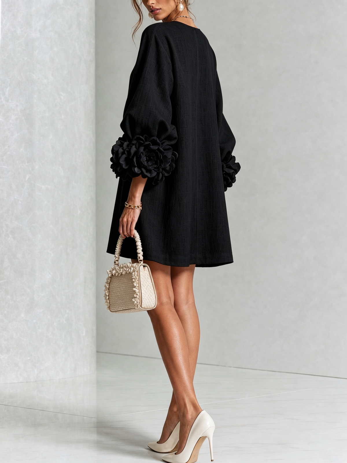 The Elowen | Floral-Cuff Mini Dress, Black — supplier view 3
