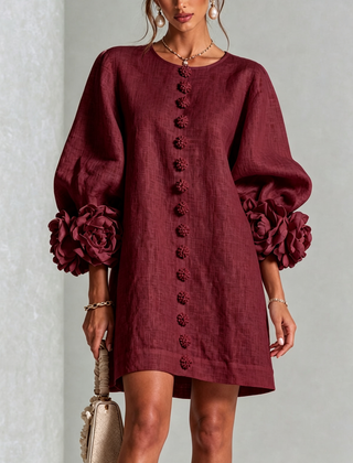 The Elowen | Floral-Cuff Mini Dress, Burgundy — supplier view 1