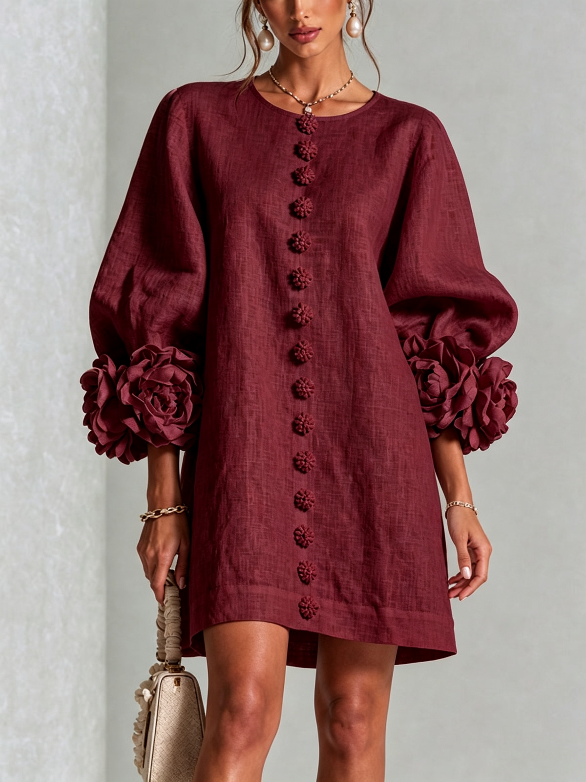 The Elowen | Floral-Cuff Mini Dress, Burgundy — supplier view 1