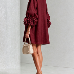 The Elowen | Floral-Cuff Mini Dress, Burgundy — supplier view 3