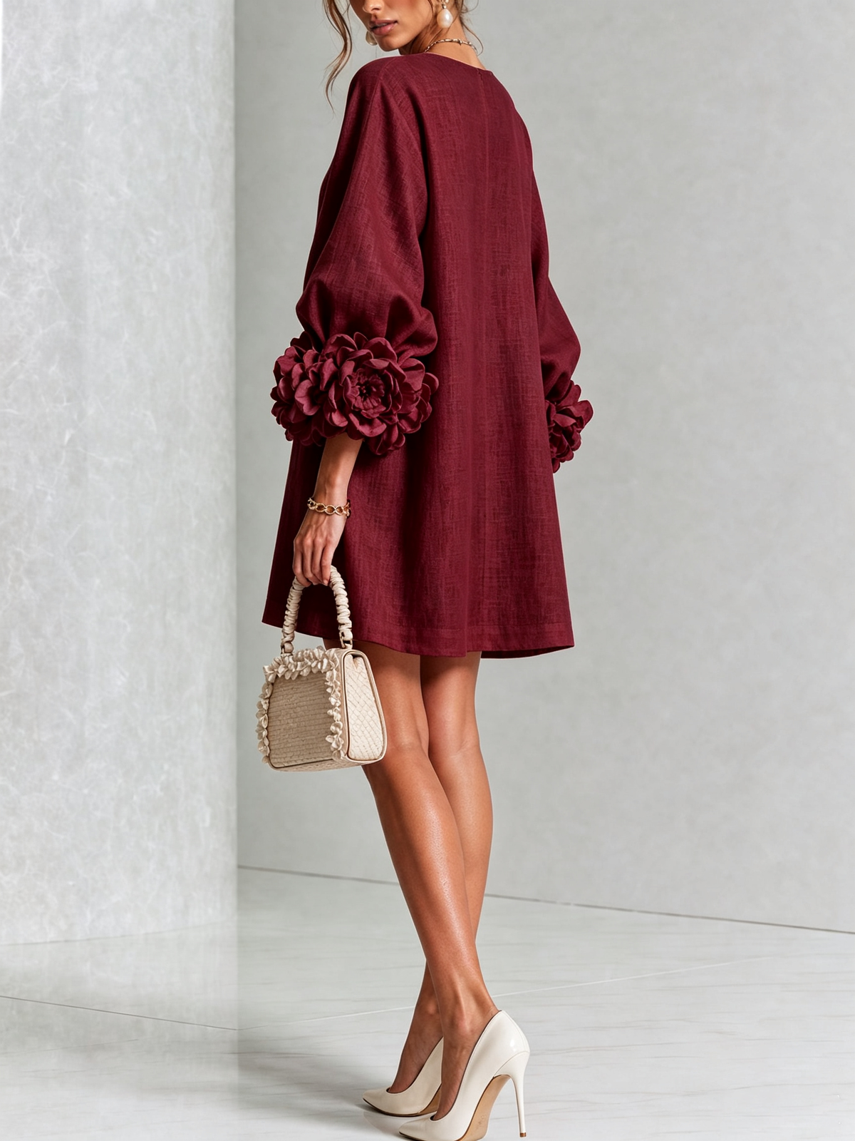 The Elowen | Floral-Cuff Mini Dress, Burgundy — supplier view 3