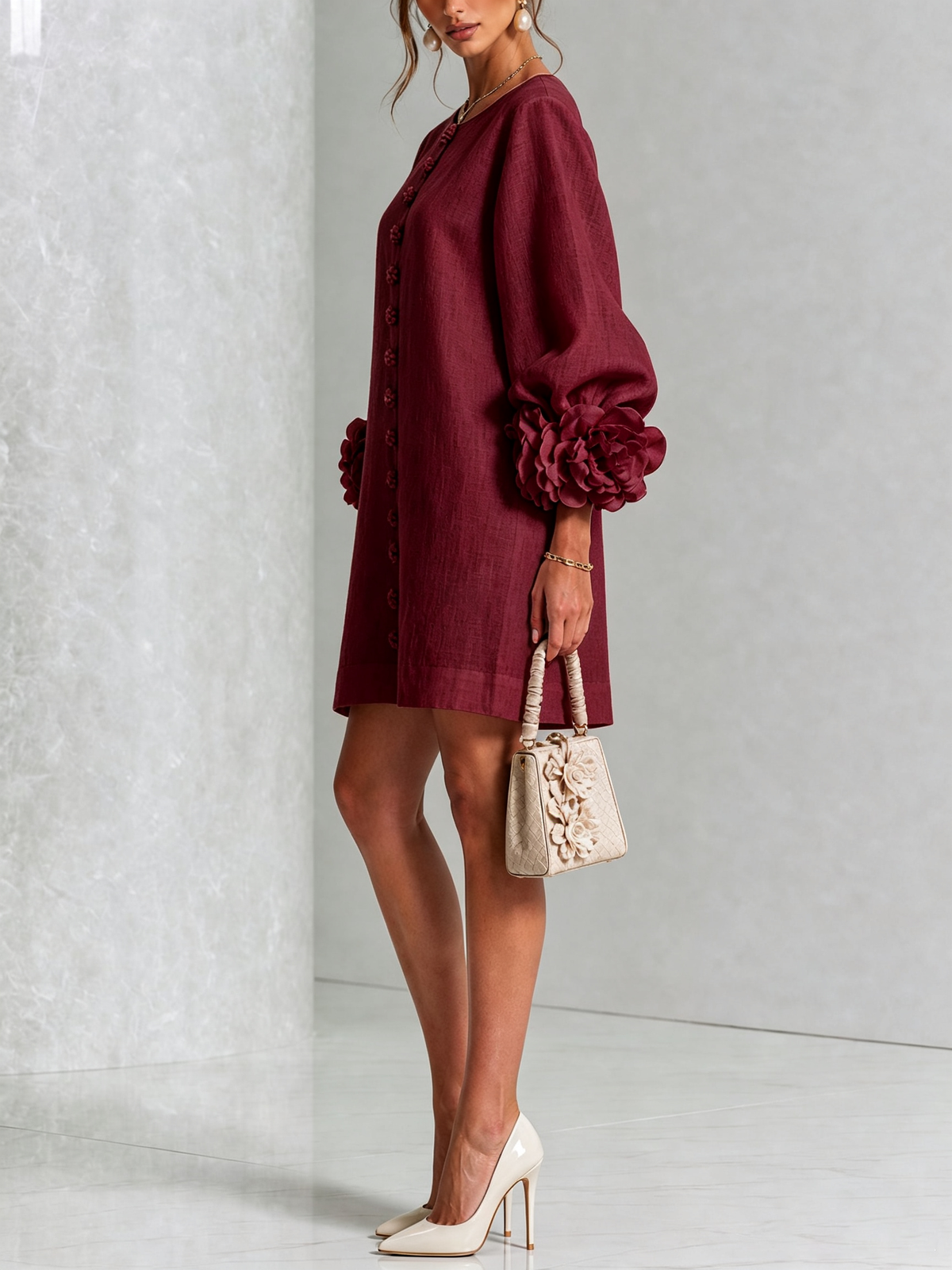 The Elowen | Floral-Cuff Mini Dress, Burgundy — supplier view 2