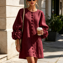 The Elowen | Floral-Cuff Mini Dress, Burgundy — supplier view 4
