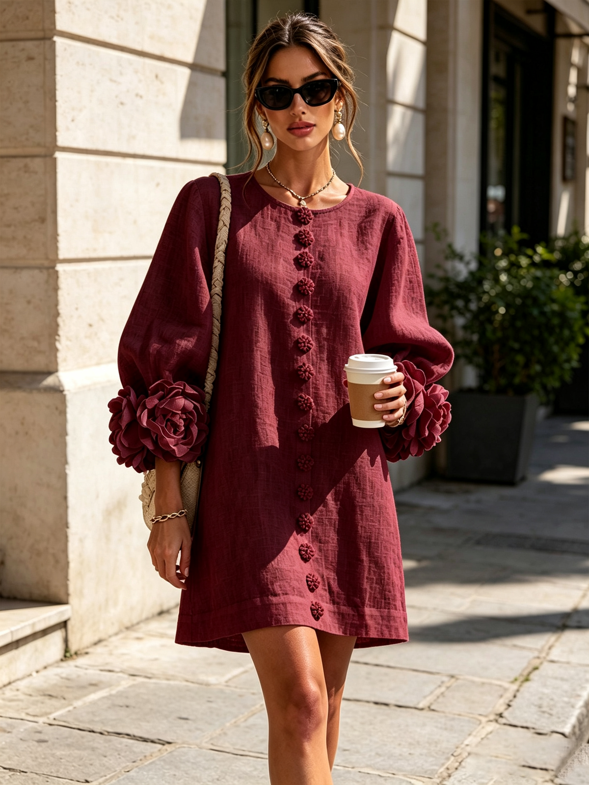 The Elowen | Floral-Cuff Mini Dress, Burgundy — supplier view 4