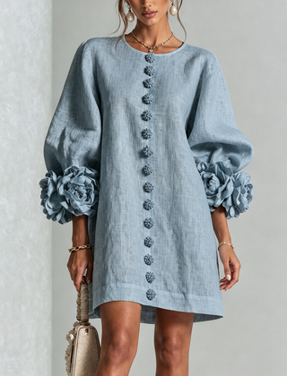 The Elowen | Floral-Cuff Mini Dress, Dusty Blue — supplier view 1