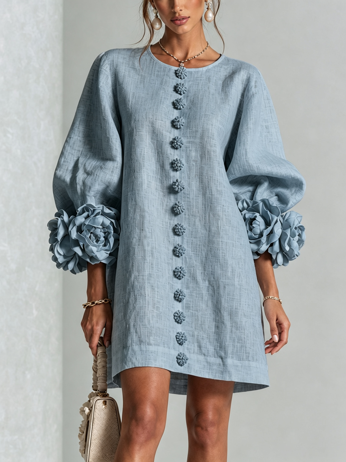 The Elowen | Floral-Cuff Mini Dress, Dusty Blue — supplier view 1