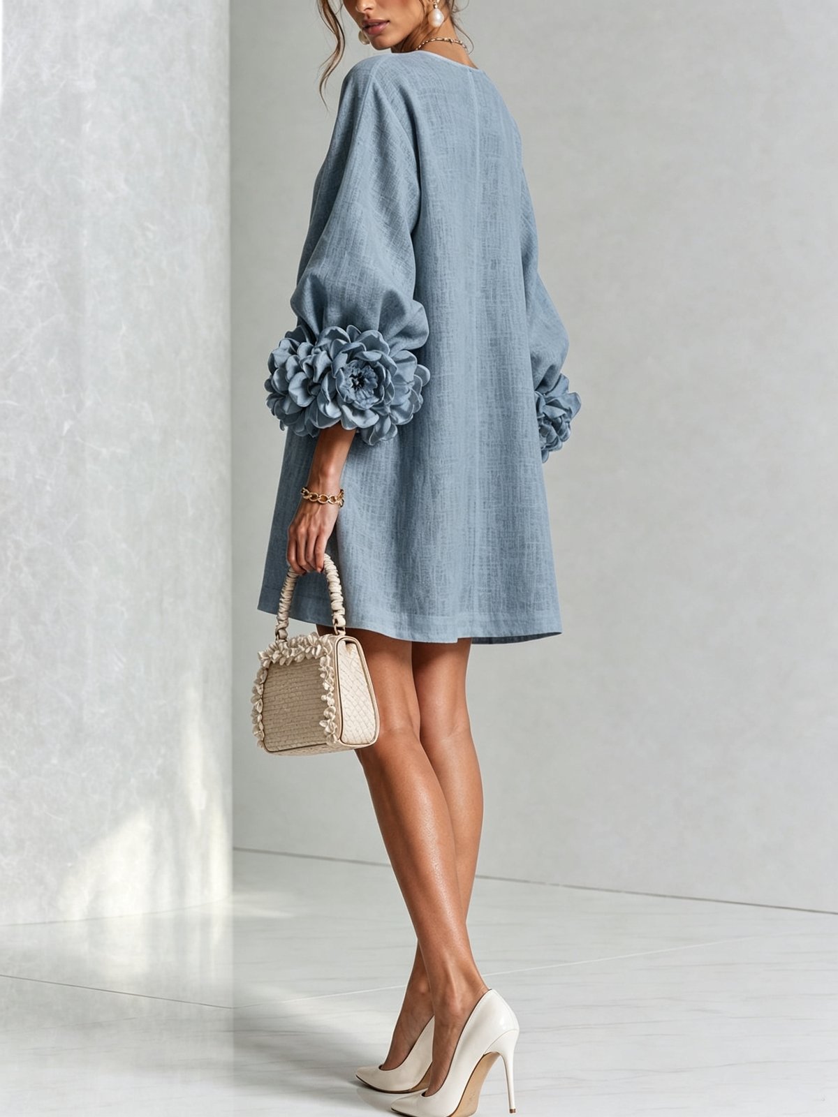The Elowen | Floral-Cuff Mini Dress, Dusty Blue — supplier view 3