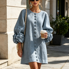 The Elowen | Floral-Cuff Mini Dress, Dusty Blue — supplier view 4