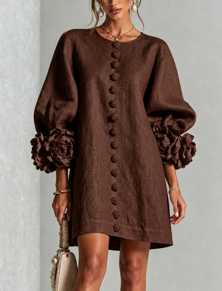 The Elowen | Floral-Cuff Mini Dress, Brown — supplier view 1
