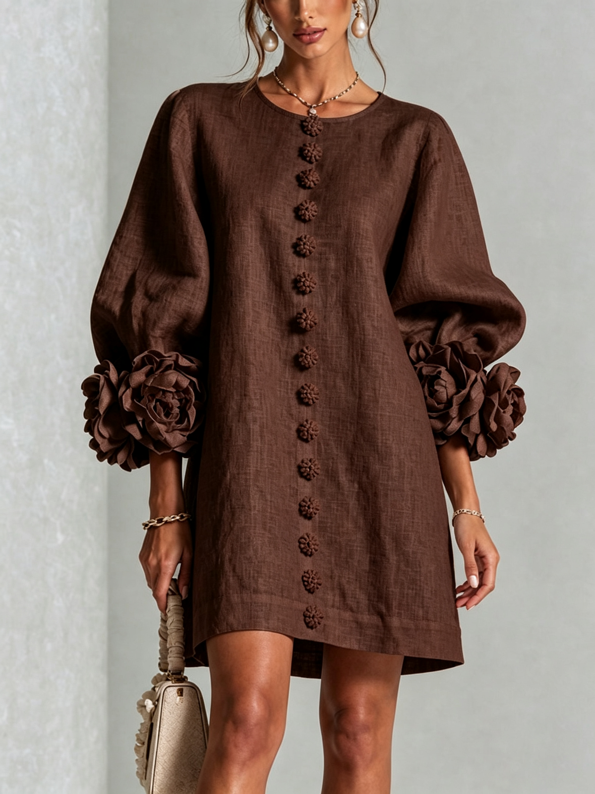 The Elowen | Floral-Cuff Mini Dress, Brown — supplier view 1