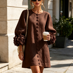 The Elowen | Floral-Cuff Mini Dress, Brown — supplier view 4