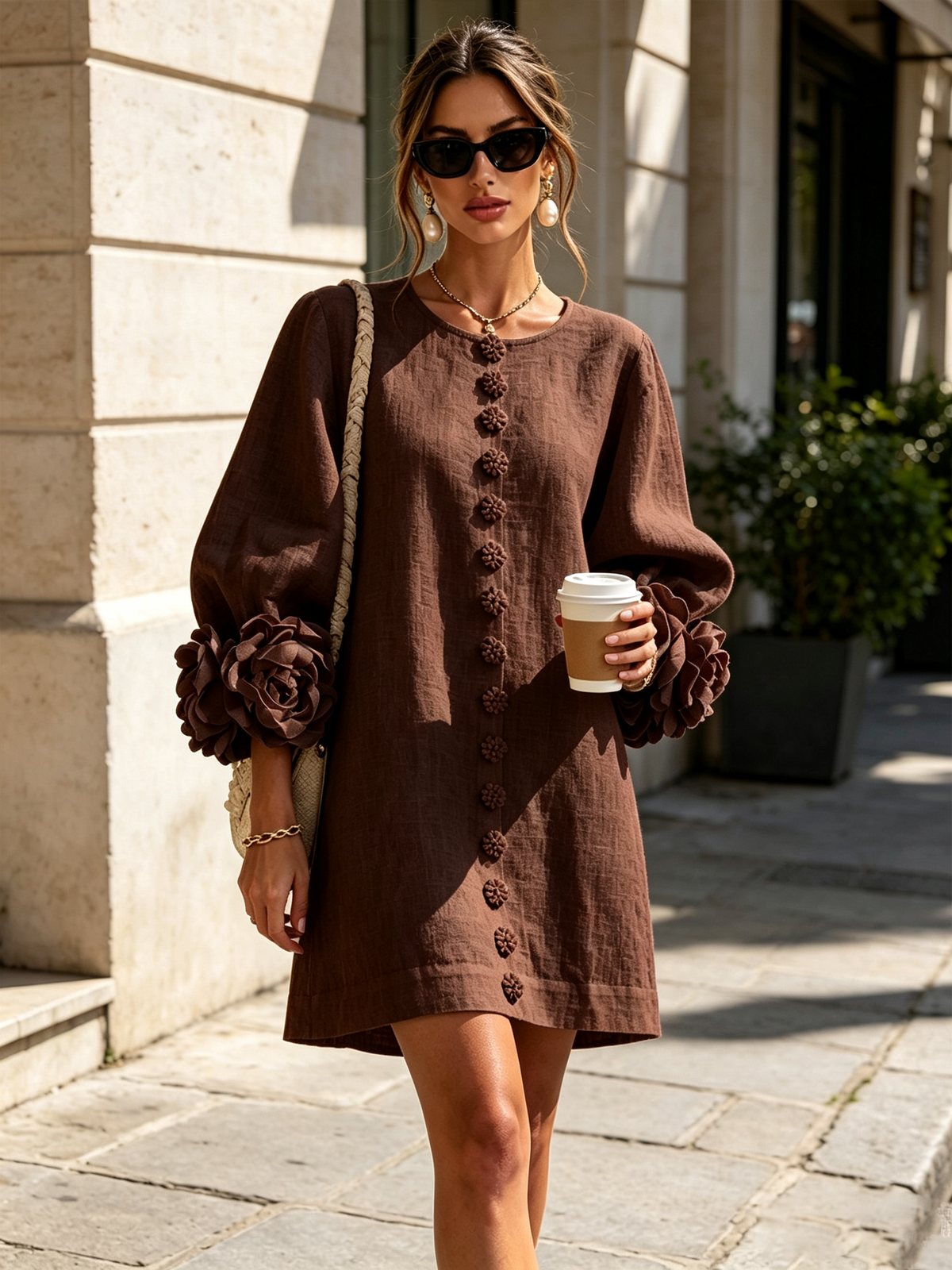 The Elowen | Floral-Cuff Mini Dress, Brown — supplier view 4