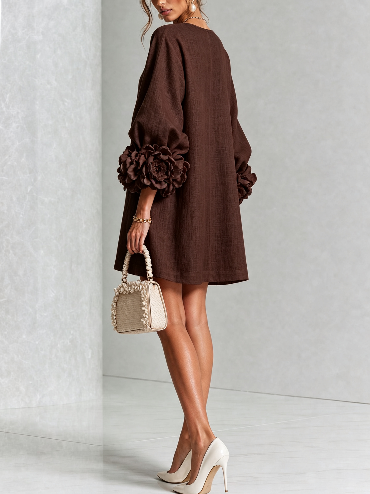 The Elowen | Floral-Cuff Mini Dress, Brown — supplier view 3