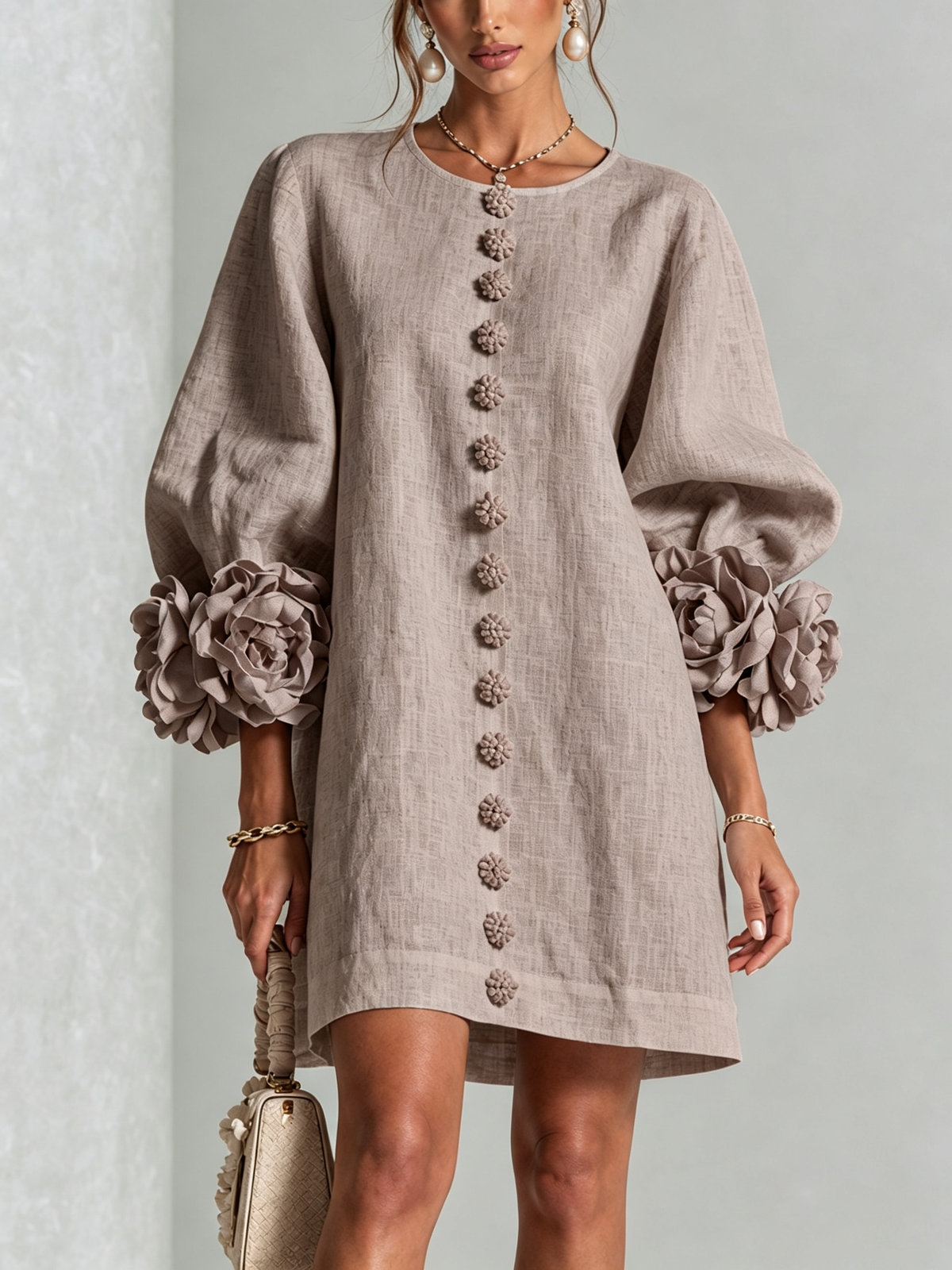 The Elowen | Floral-Cuff Mini Dress, Mushroom Taupe — supplier view 1