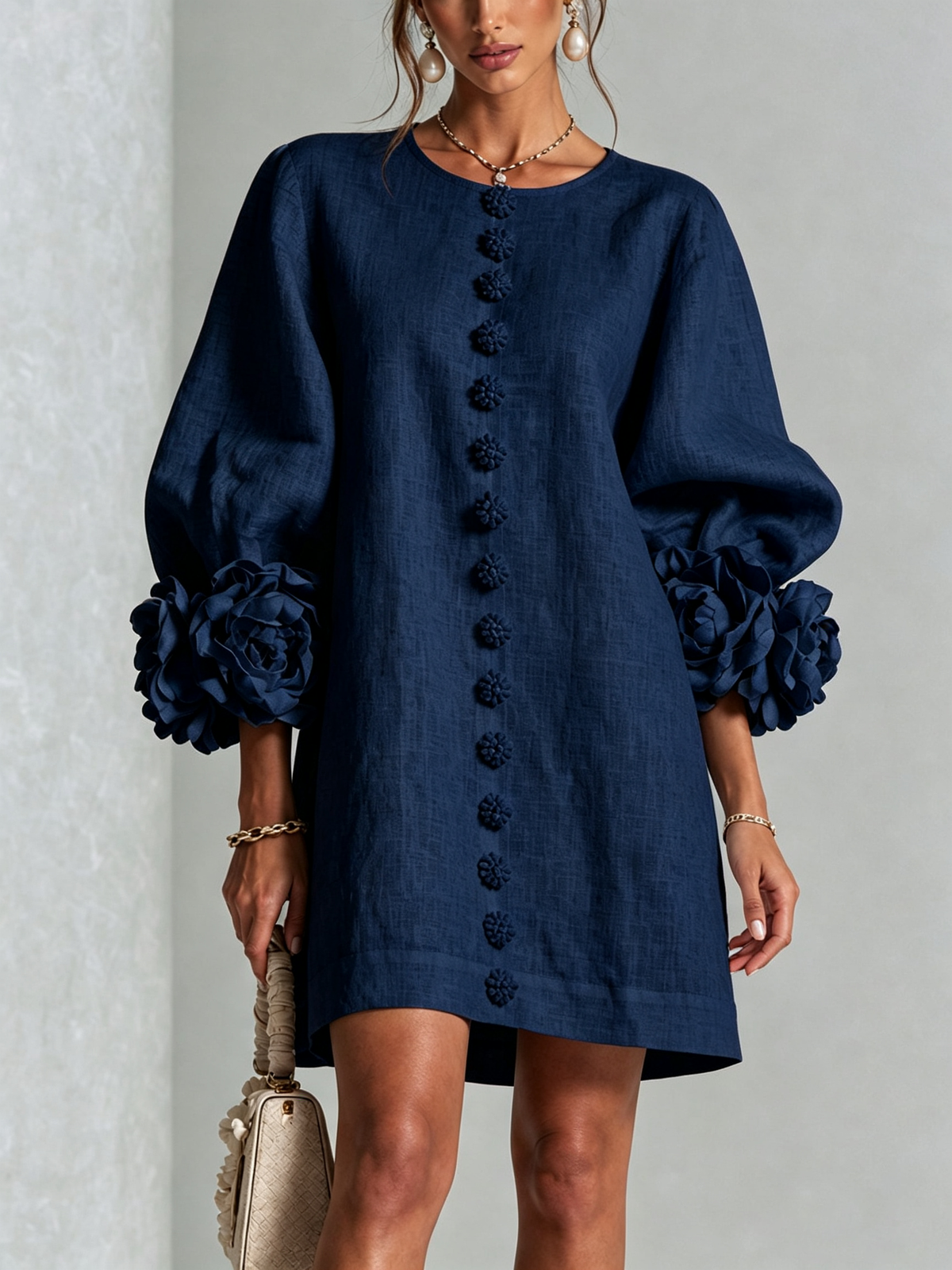 The Elowen | Floral-Cuff Mini Dress, Navy — supplier view 1