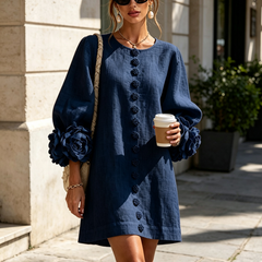 The Elowen | Floral-Cuff Mini Dress, Navy — supplier view 4