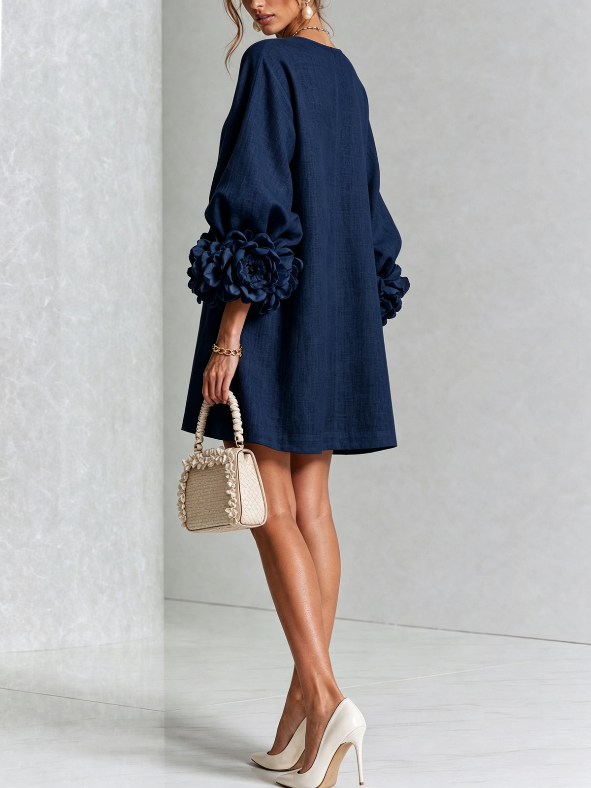 The Elowen | Floral-Cuff Mini Dress, Navy — supplier view 3