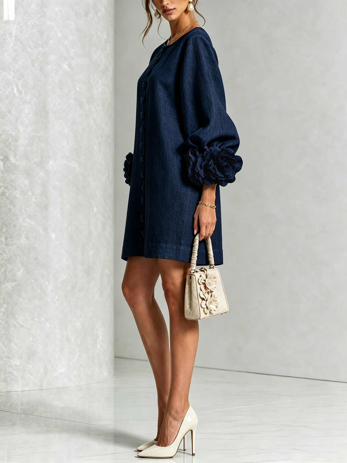 The Elowen | Floral-Cuff Mini Dress, Navy — supplier view 2