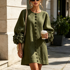 The Elowen | Floral-Cuff Mini Dress, Olive — supplier view 4