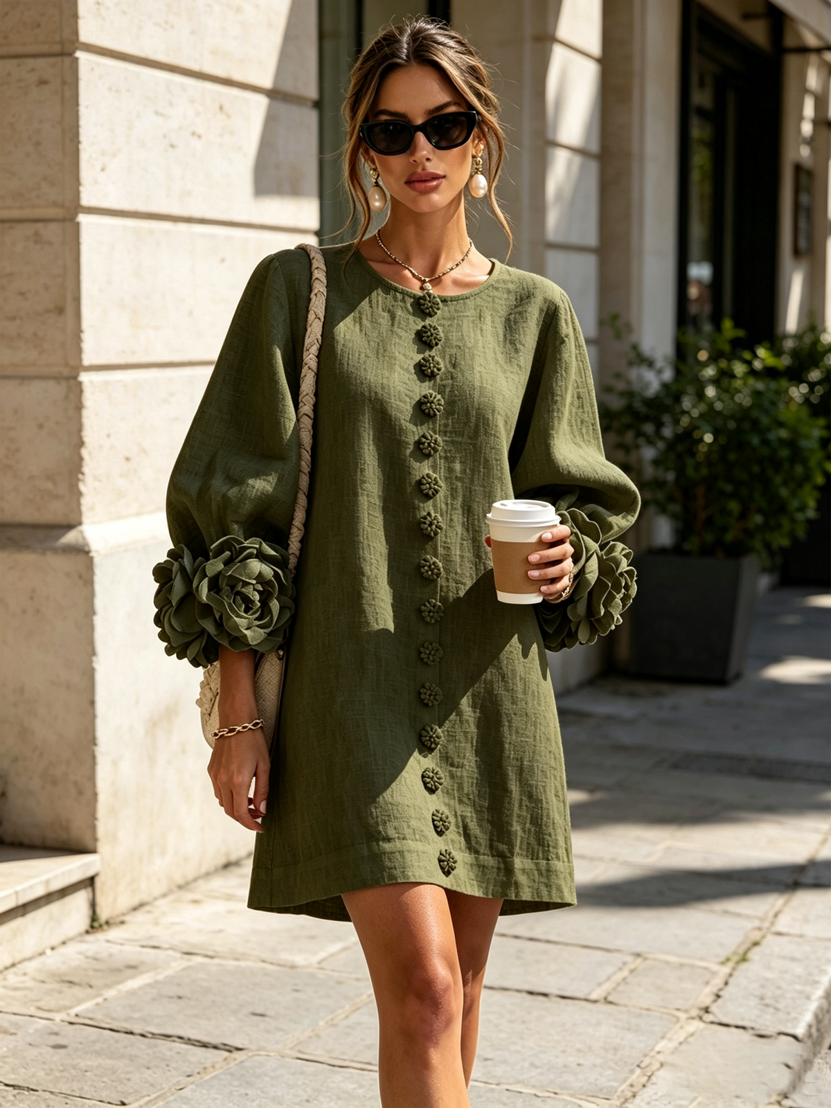 The Elowen | Floral-Cuff Mini Dress, Olive — supplier view 4