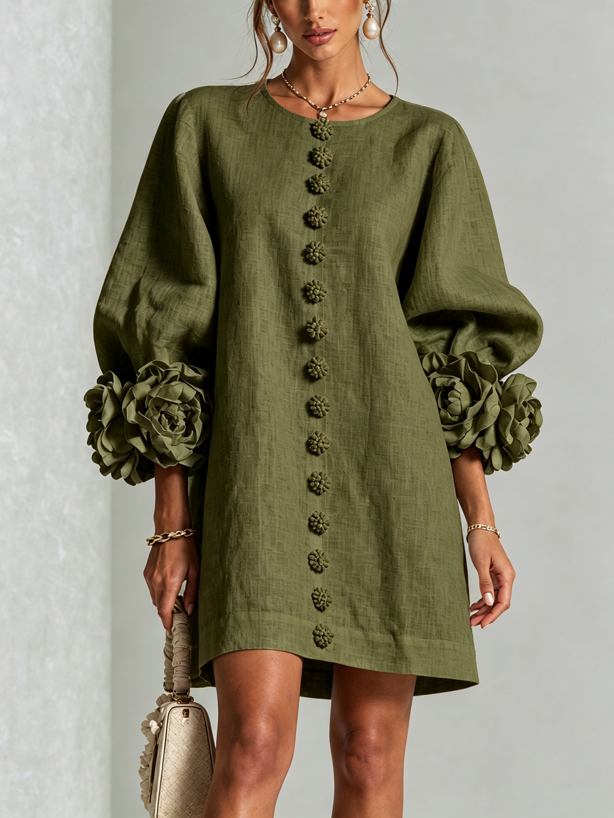 The Elowen | Floral-Cuff Mini Dress, Olive — supplier view 1