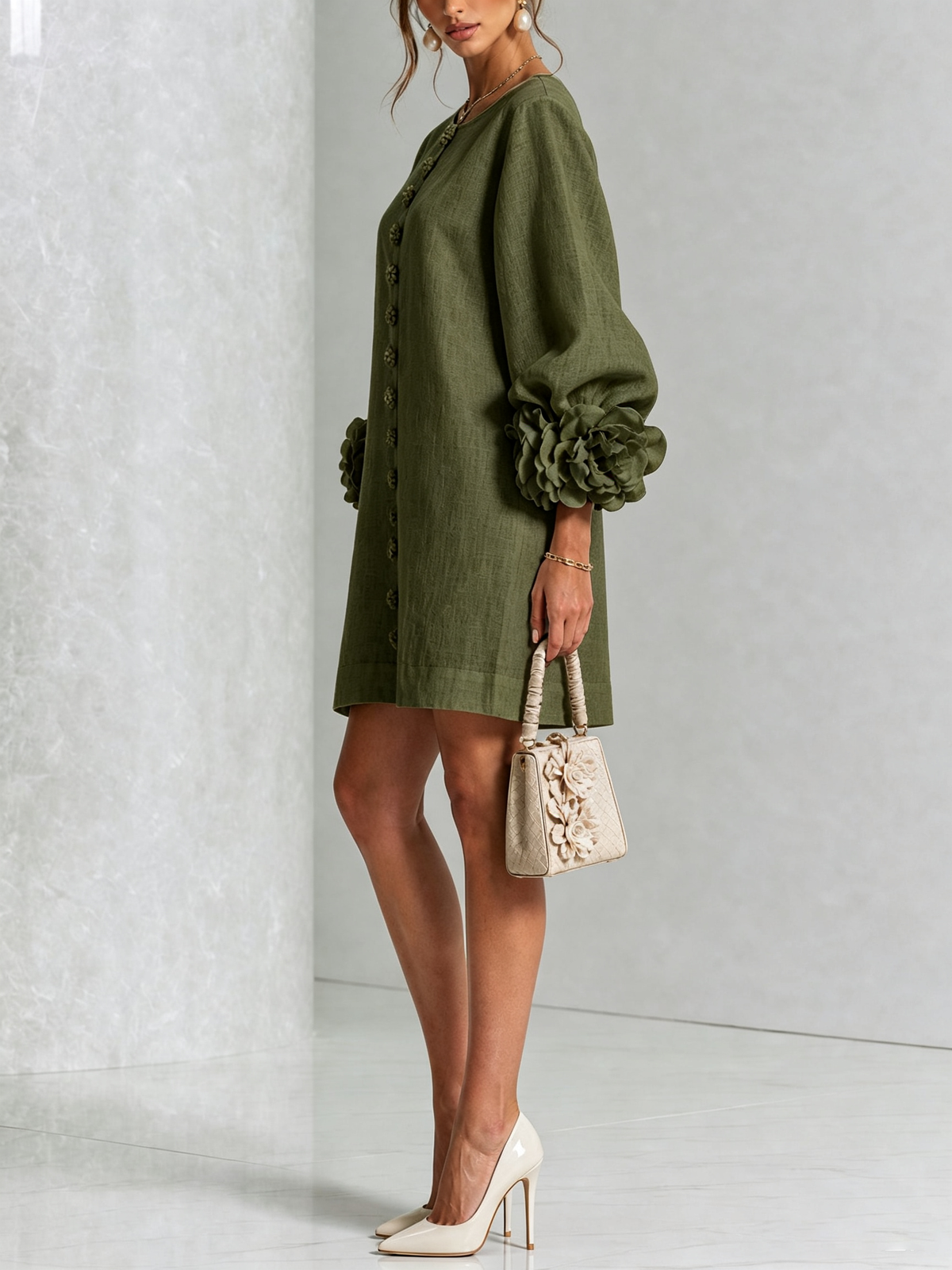 The Elowen | Floral-Cuff Mini Dress, Olive — supplier view 2