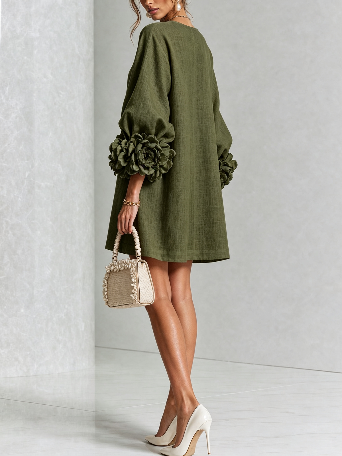 The Elowen | Floral-Cuff Mini Dress, Olive — supplier view 3
