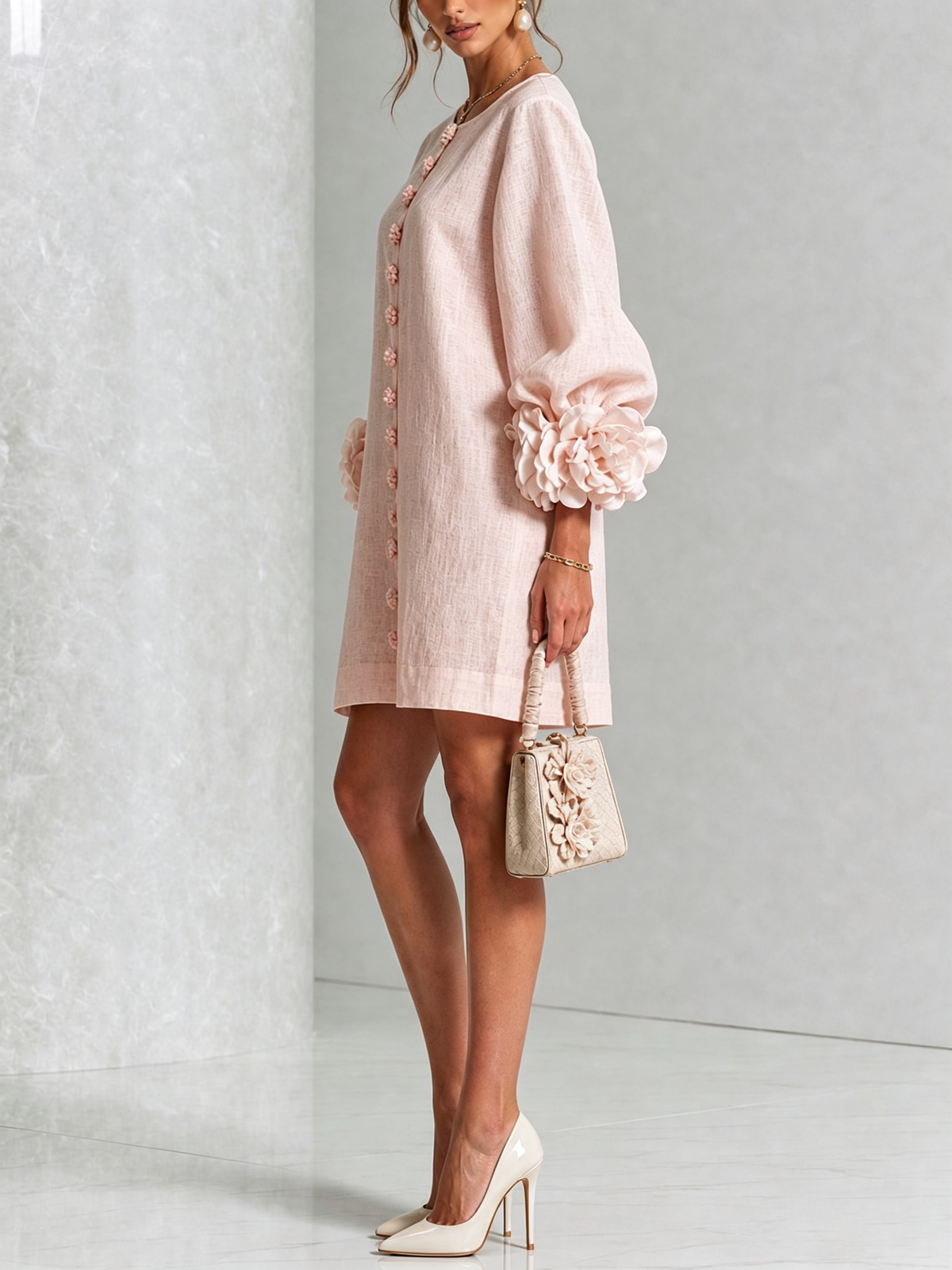 The Elowen | Floral-Cuff Mini Dress, Pink — supplier view 2