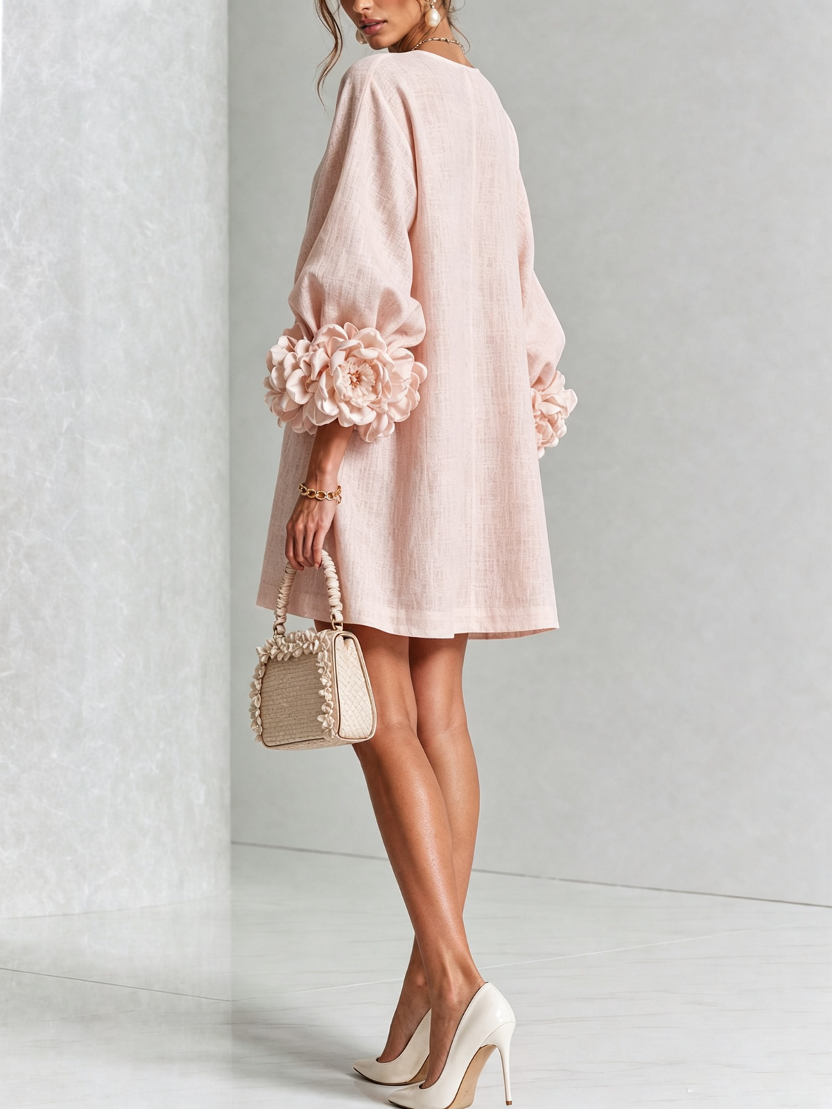 The Elowen | Floral-Cuff Mini Dress, Pink — supplier view 3