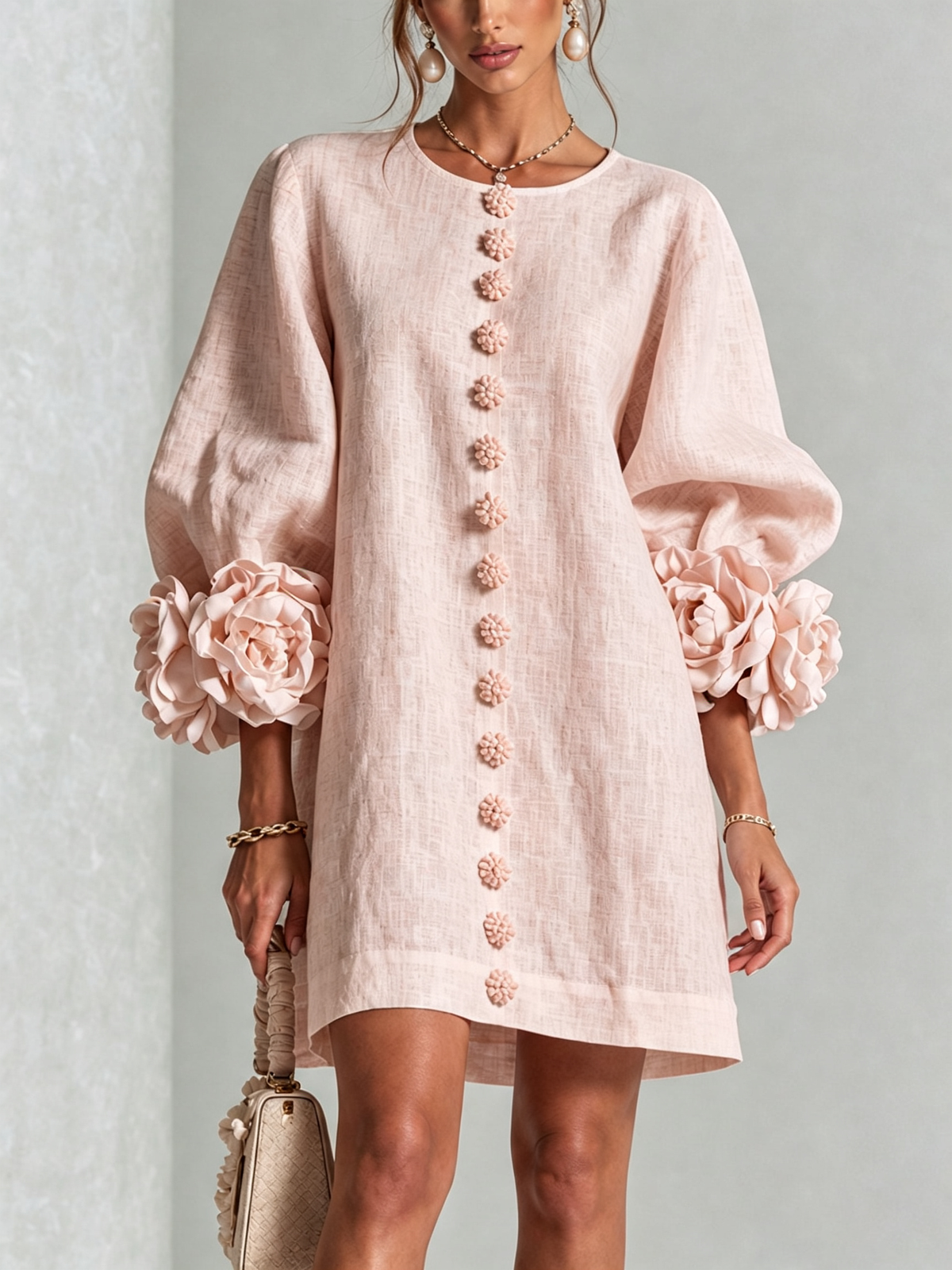 The Elowen | Floral-Cuff Mini Dress, Pink — supplier view 1