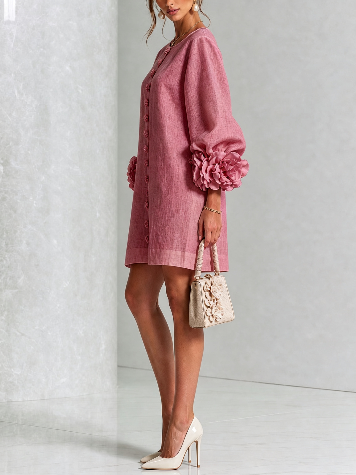 The Elowen | Floral-Cuff Mini Dress, Rose — supplier view 2