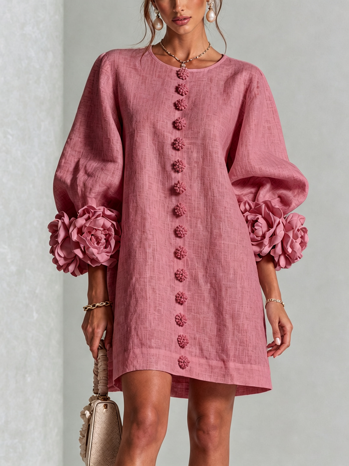 The Elowen | Floral-Cuff Mini Dress, Rose — supplier view 1