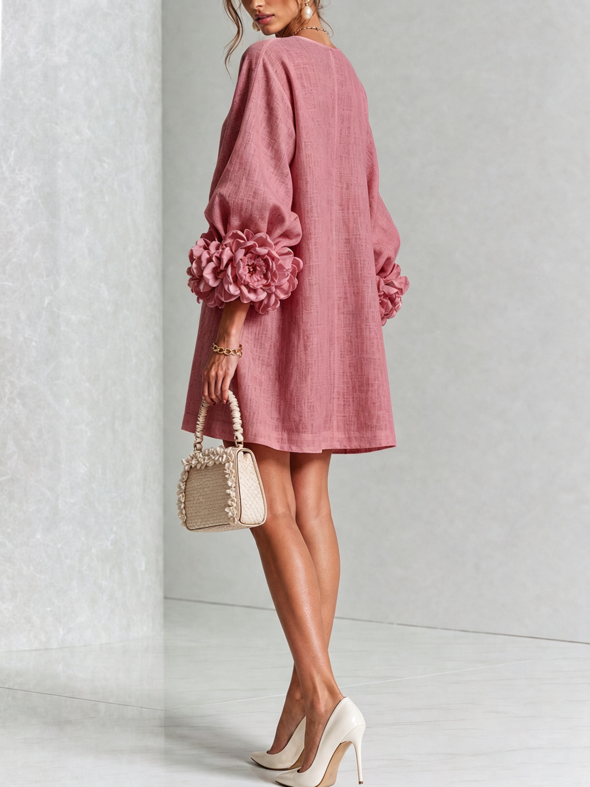 The Elowen | Floral-Cuff Mini Dress, Rose — supplier view 3