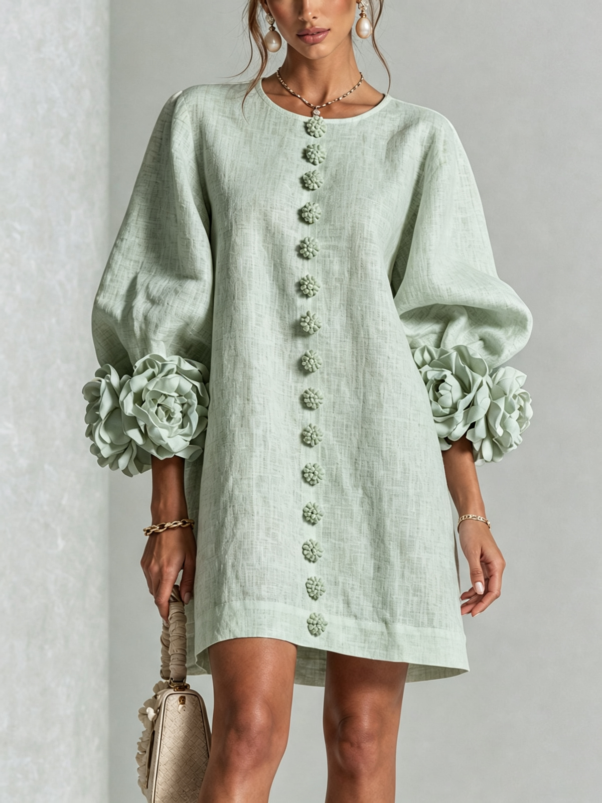 The Elowen | Floral-Cuff Mini Dress, Sage Mist — supplier view 1