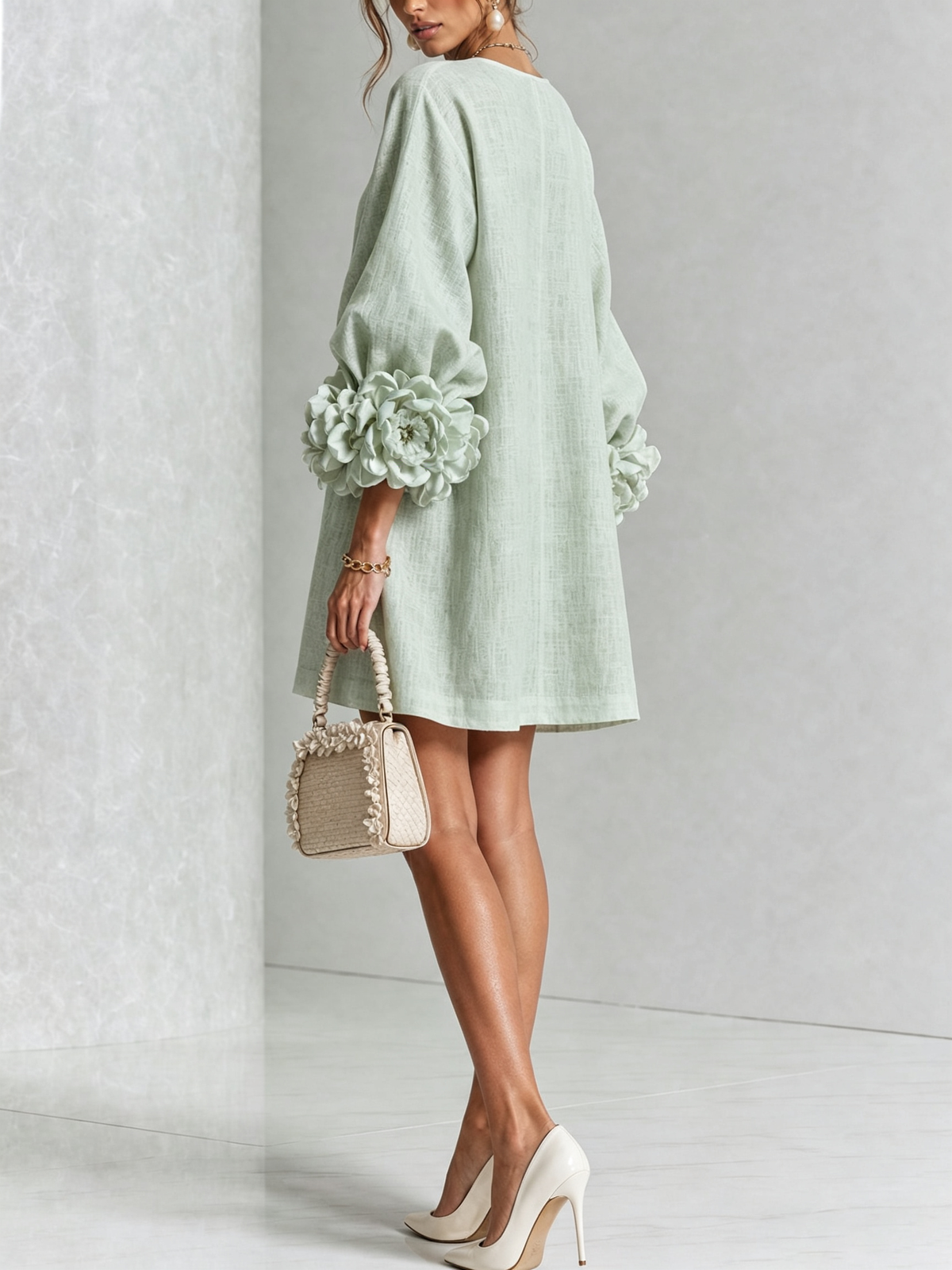 The Elowen | Floral-Cuff Mini Dress, Sage Mist — supplier view 3