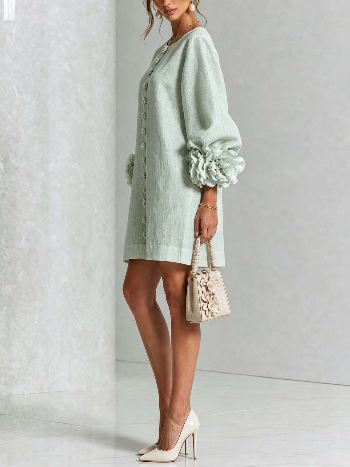 The Elowen | Floral-Cuff Mini Dress, Sage Mist — supplier view 2