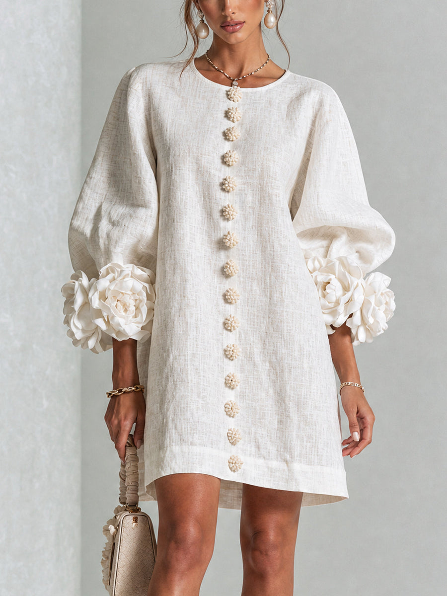 The Elowen | Floral-Cuff Mini Dress, White — supplier view 1