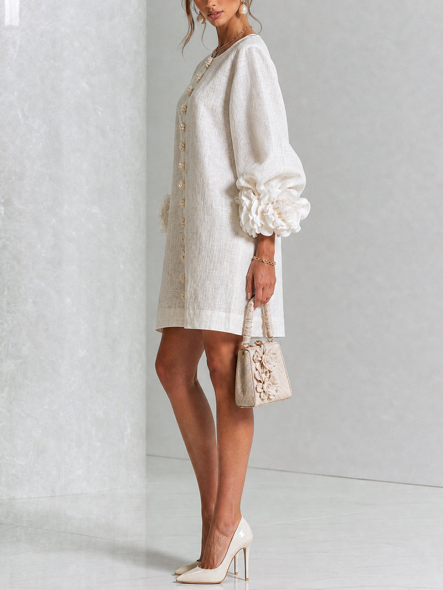 The Elowen | Floral-Cuff Mini Dress, White — supplier view 2