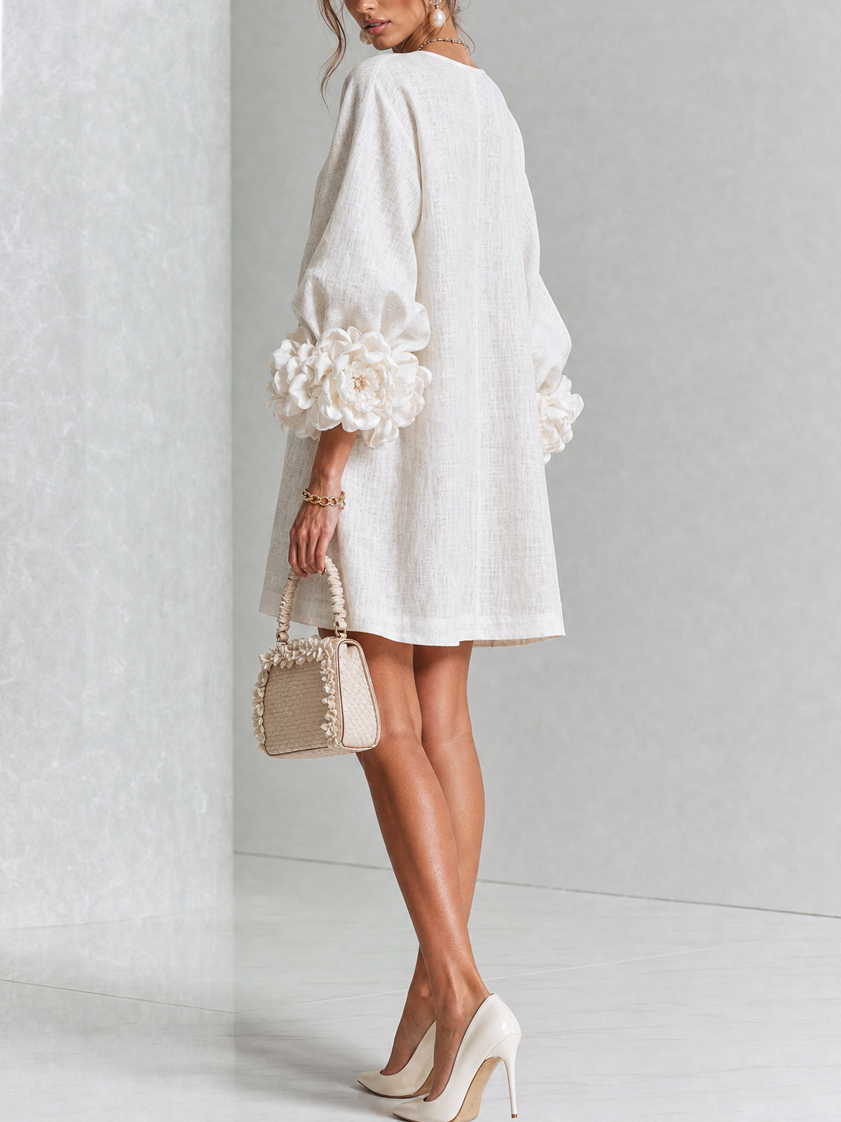 The Elowen | Floral-Cuff Mini Dress, White — supplier view 3