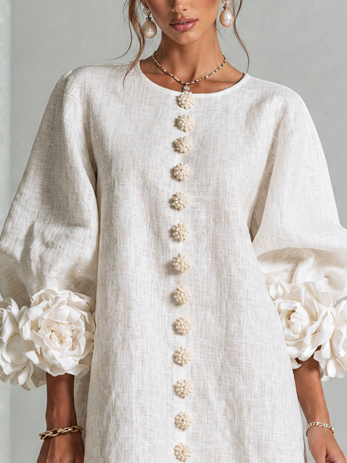 The Elowen | Floral-Cuff Mini Dress, White — supplier view 5