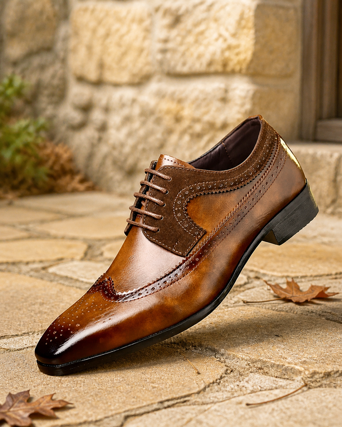 Alexander Prescott brown leather brogue shoes on autumn flagstones