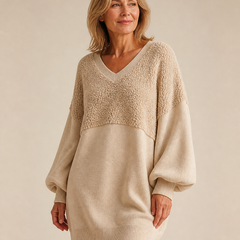 Bronte beige textured V-neck mini dress studio front view