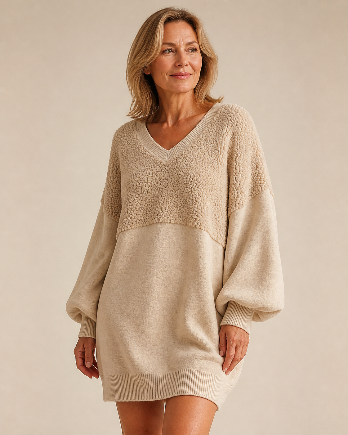 Bronte beige textured V-neck mini dress studio front view