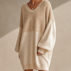 Bronte beige textured V-neck mini dress neckline and sleeve detail