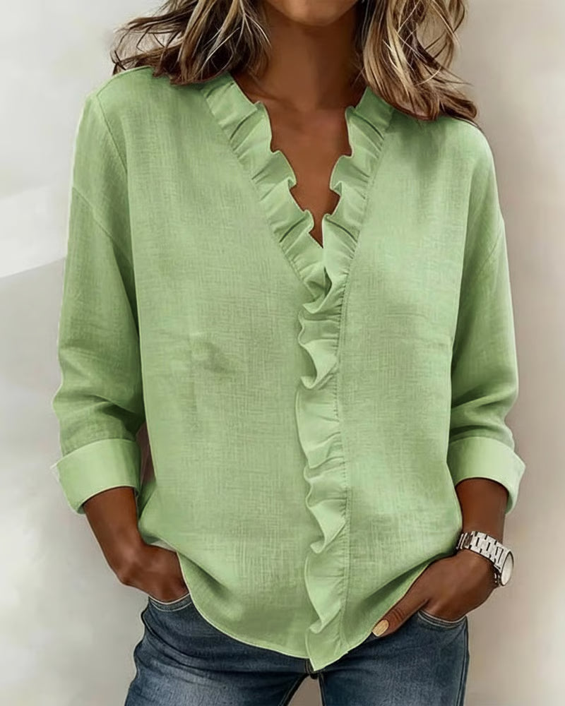 Alodie | Blouse with Ruffles V-Neck and Long Sleeves