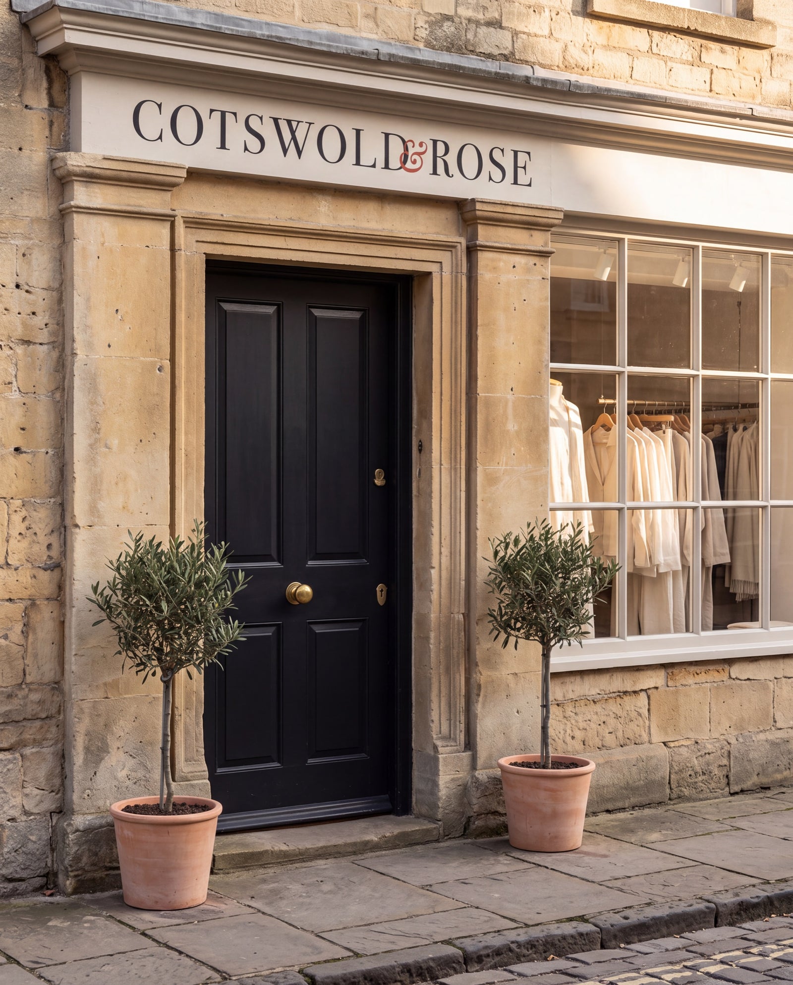 Cotswold & Rose boutique entrance with black door and branded fascia