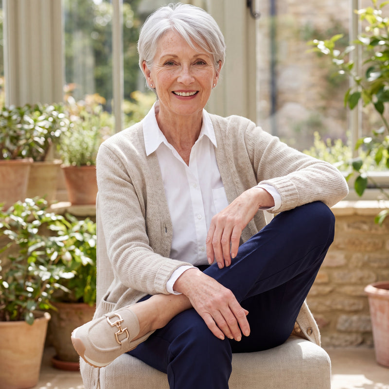 Mature woman styling beige woven Lili loafers in a bright Cotswolds conservatory