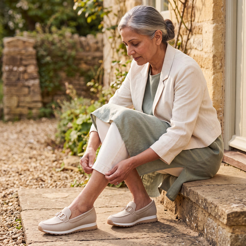 British Indian woman styling beige woven Lili loafers on a Cotswold cottage doorstep