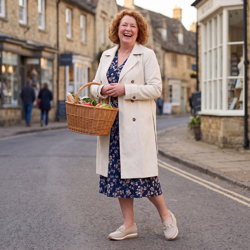 Red-haired woman wearing beige woven Lili loafers on a Cotswold village high street